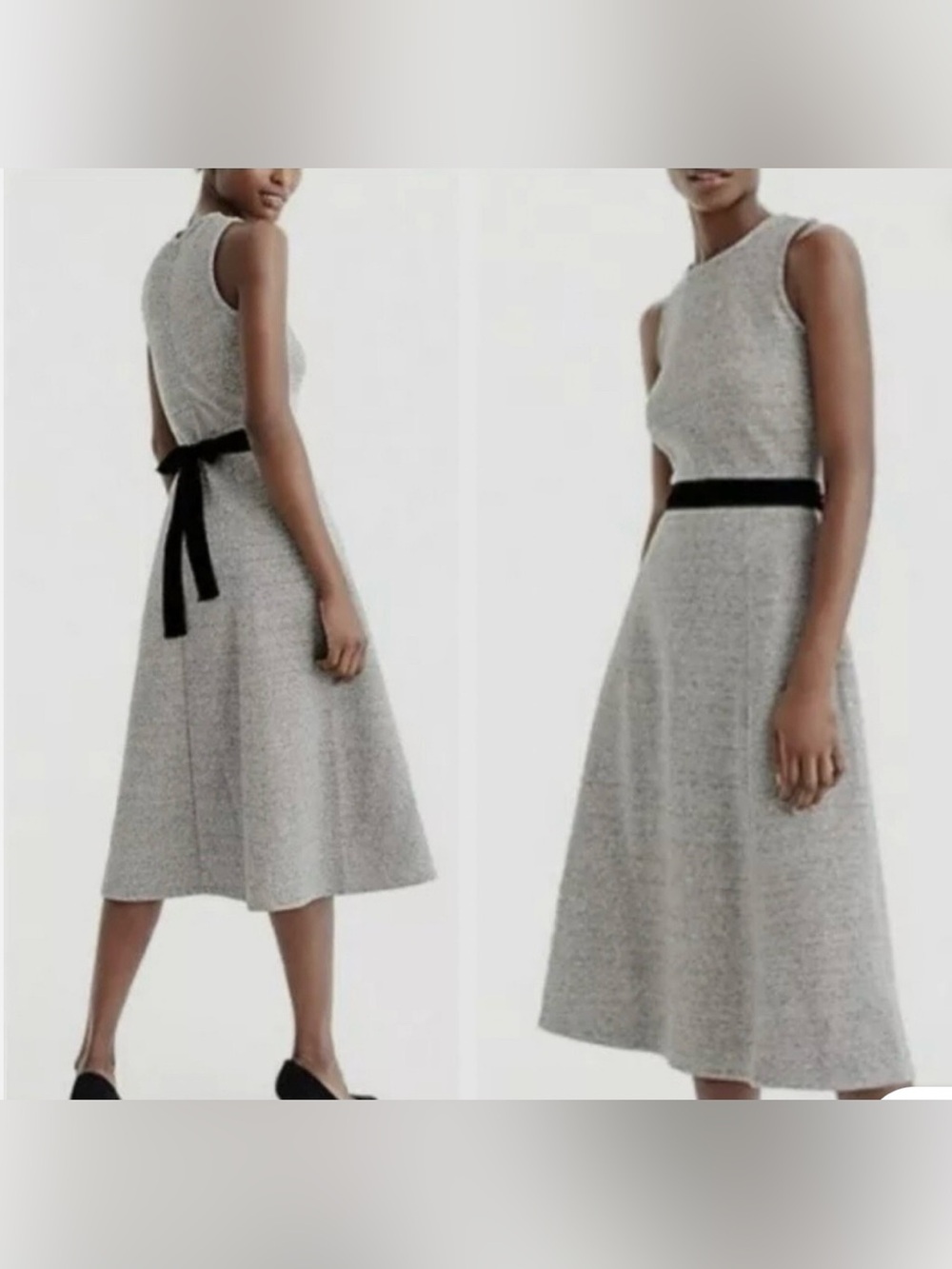 J. Crew Grey A-Line Midi Dress with Black Waist Tie size:6